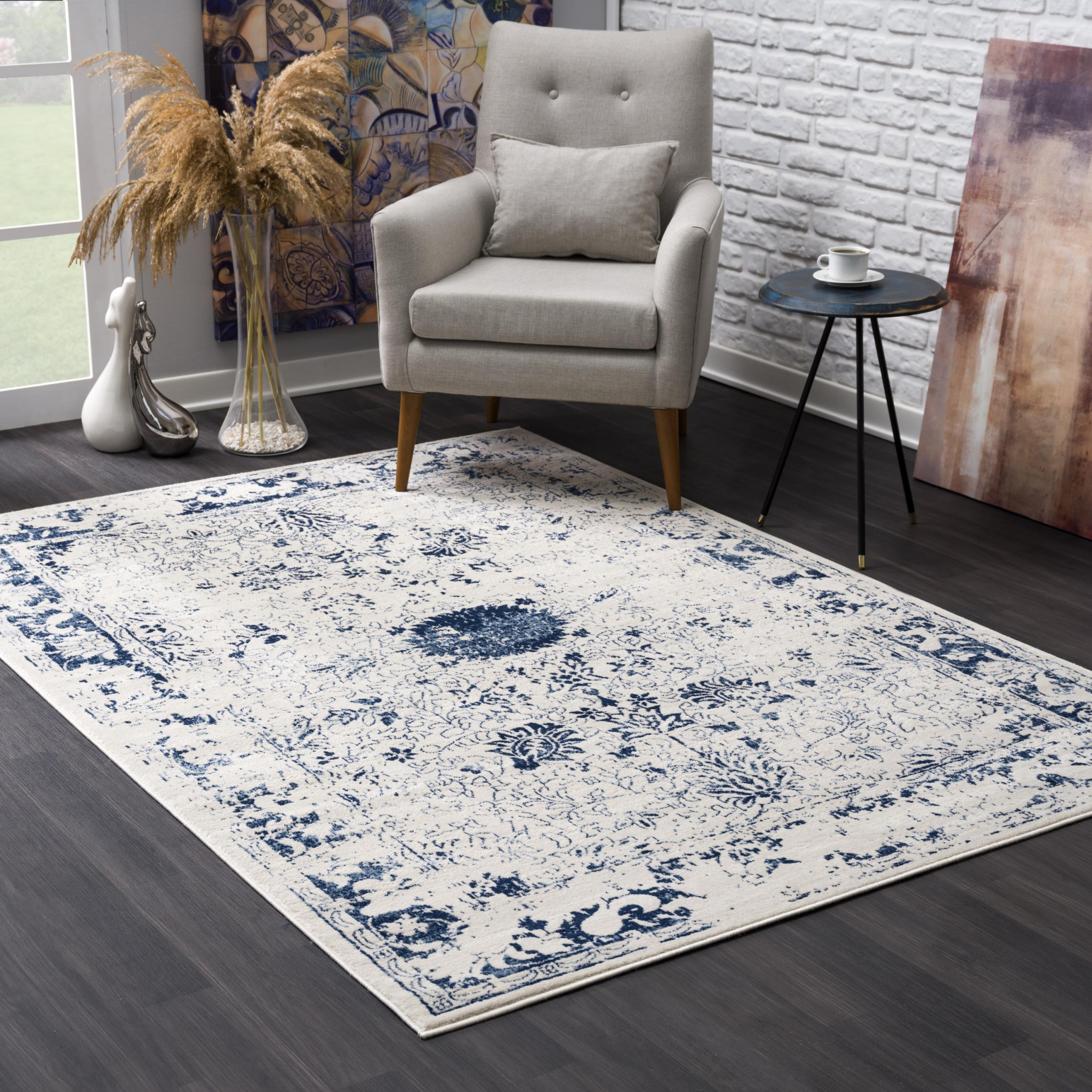 8" X 11" Navy Blue Distressed Floral Area Rug