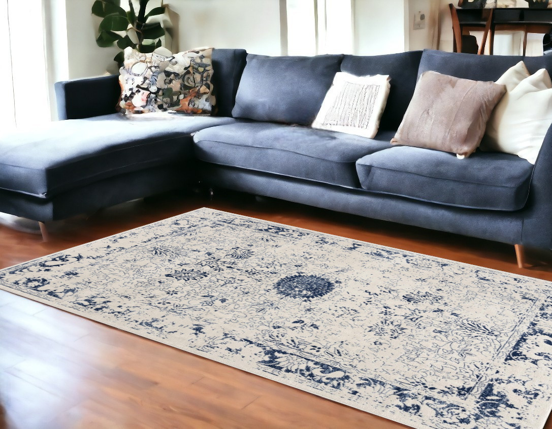 8" X 11" Navy Blue Distressed Floral Area Rug