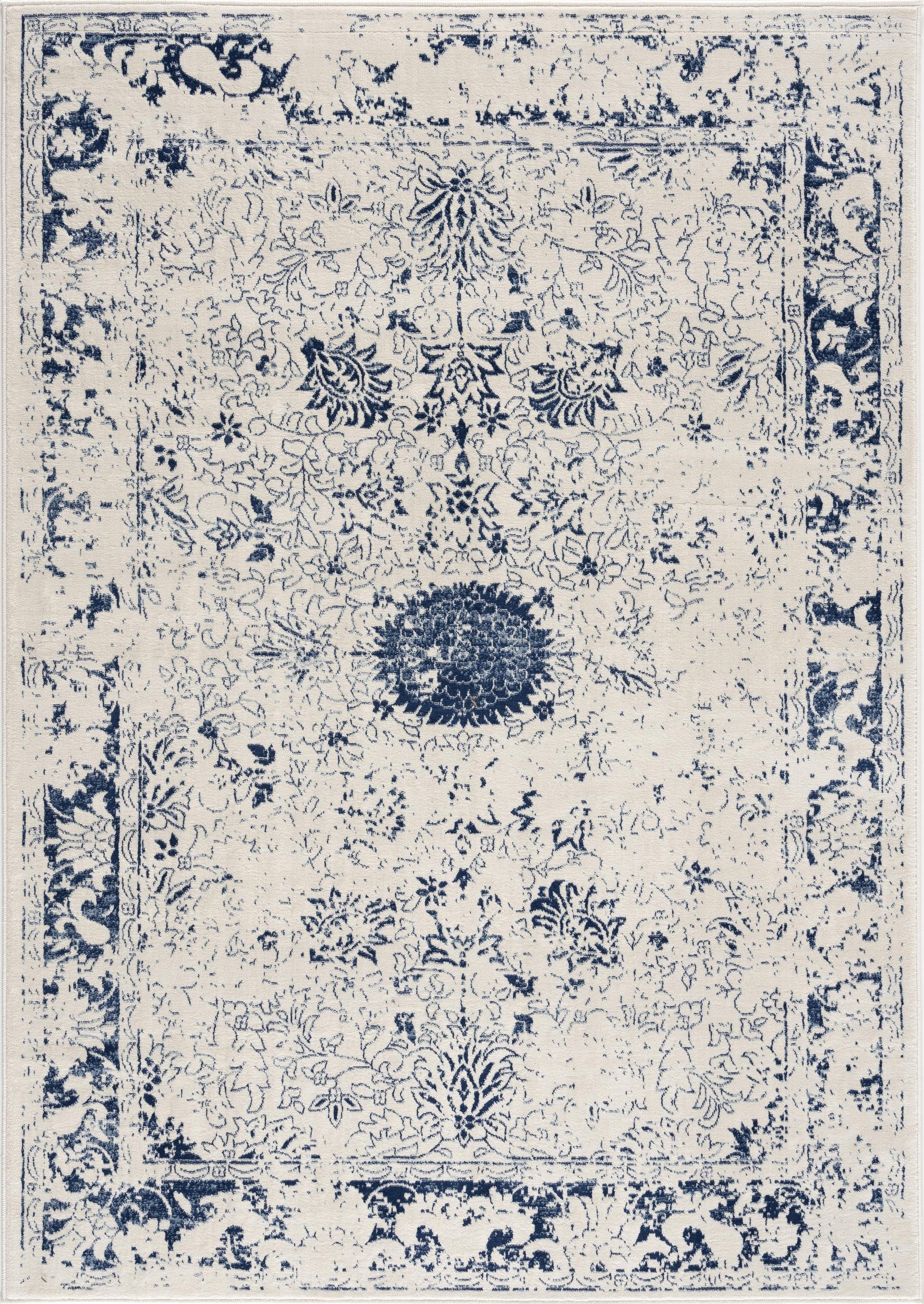 8" X 11" Navy Blue Distressed Floral Area Rug