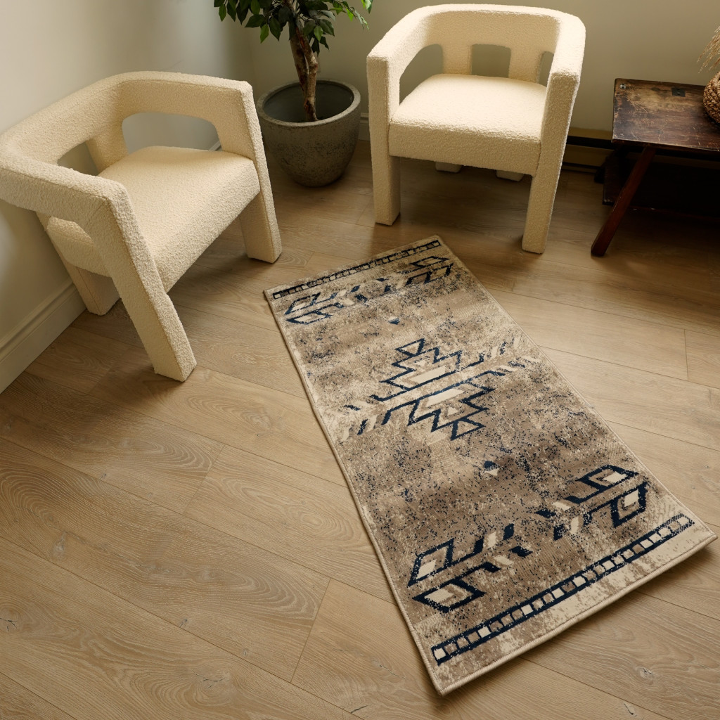 2" X 3" Beige And Blue Boho Chic Scatter Rug
