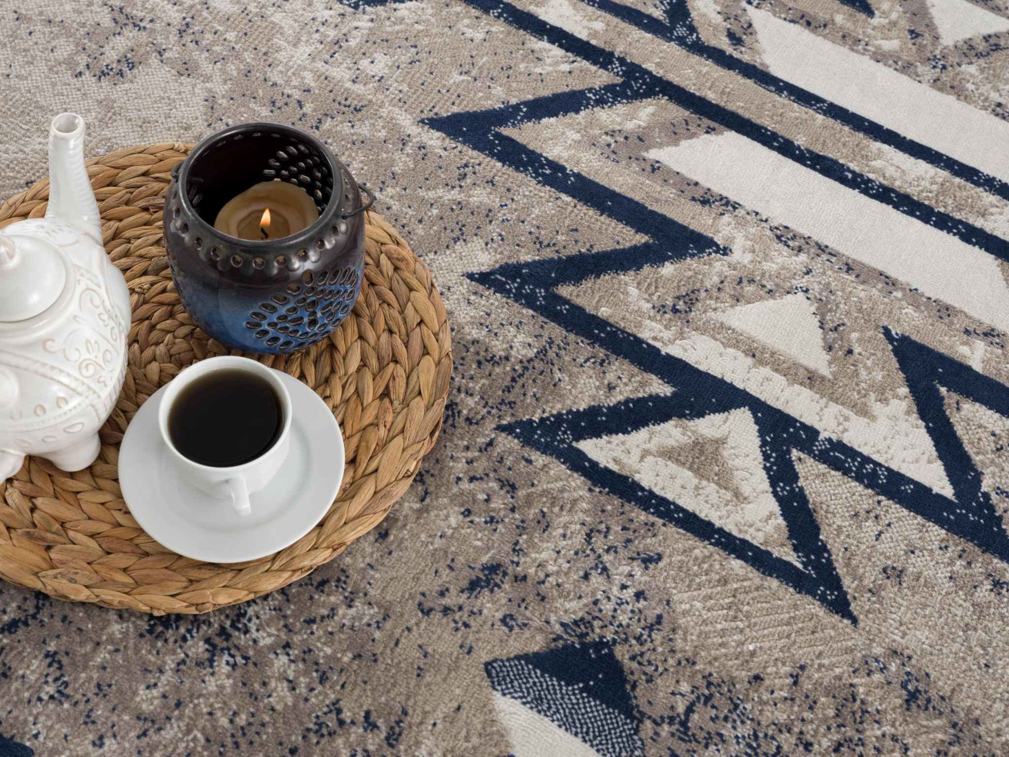 2" X 3" Beige And Blue Boho Chic Scatter Rug