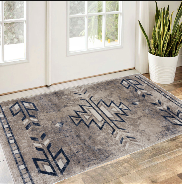 2" X 3" Beige And Blue Boho Chic Scatter Rug