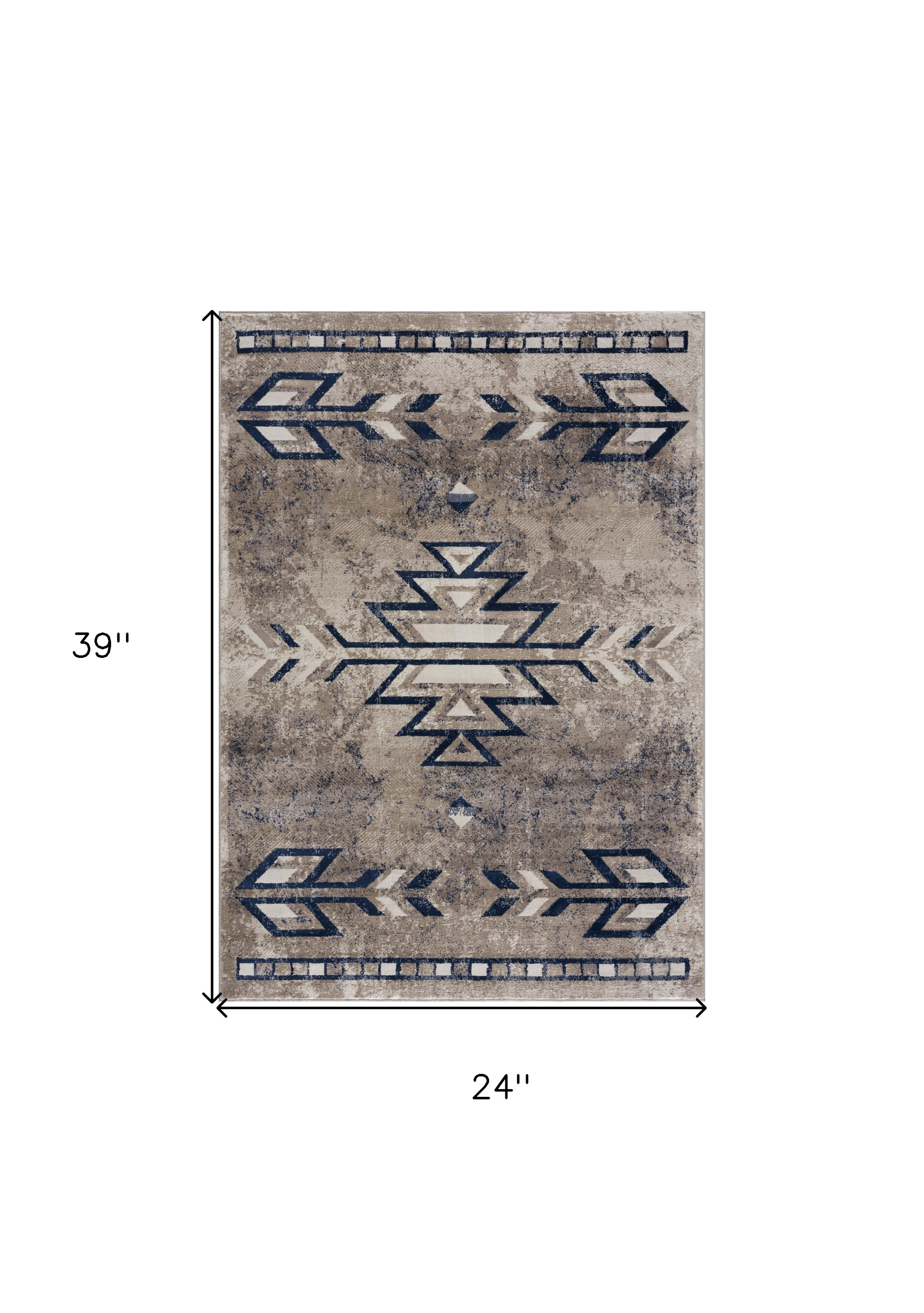 2" X 3" Beige And Blue Boho Chic Scatter Rug
