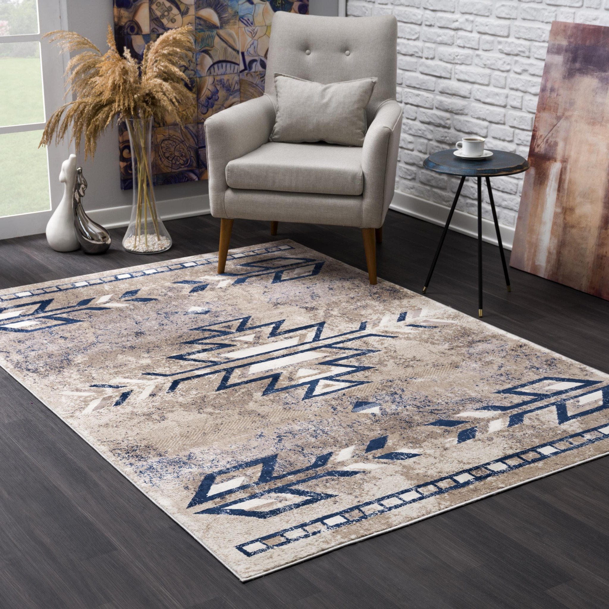 4" X 6" Beige And Blue Boho Chic Area Rug
