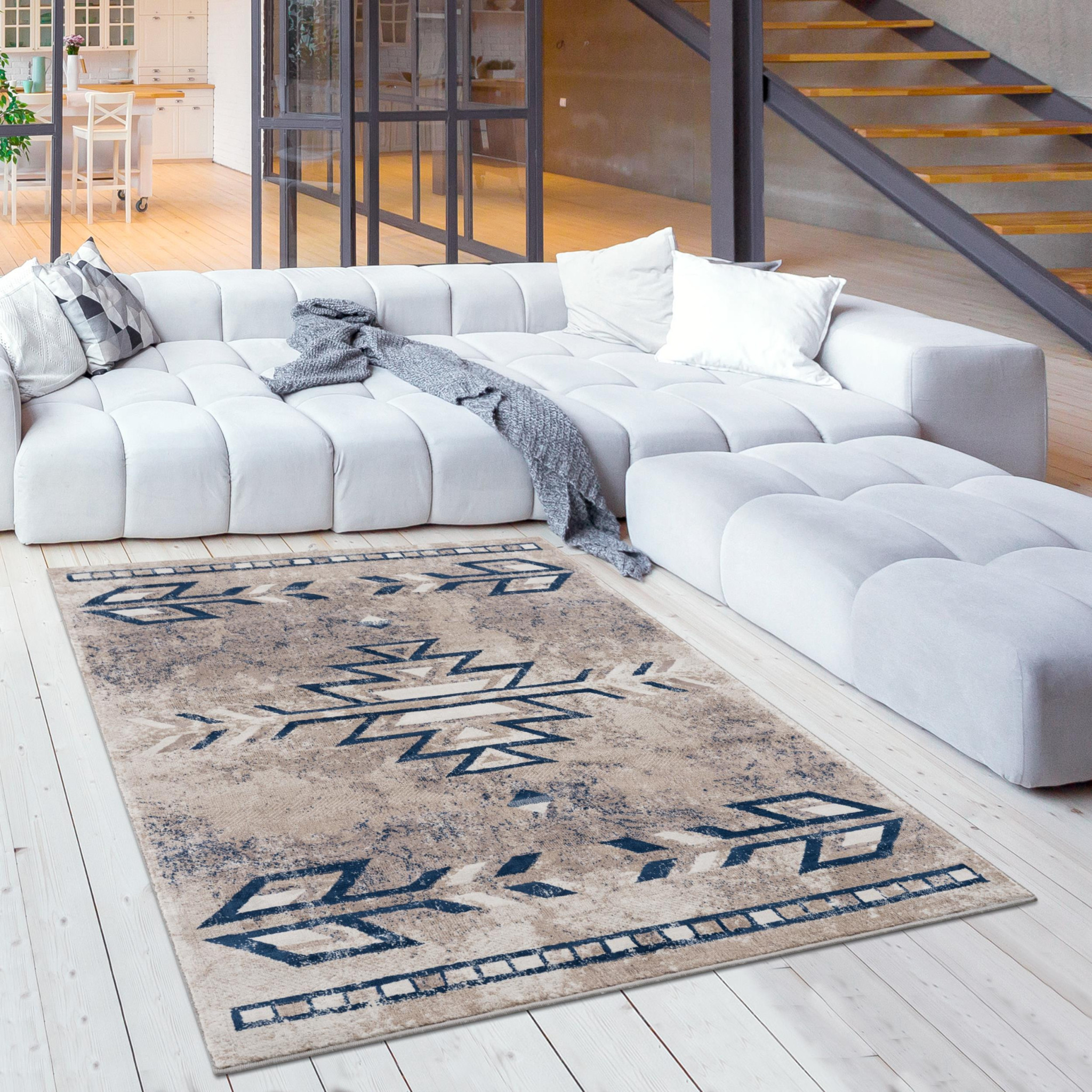 4" X 6" Beige And Blue Boho Chic Area Rug