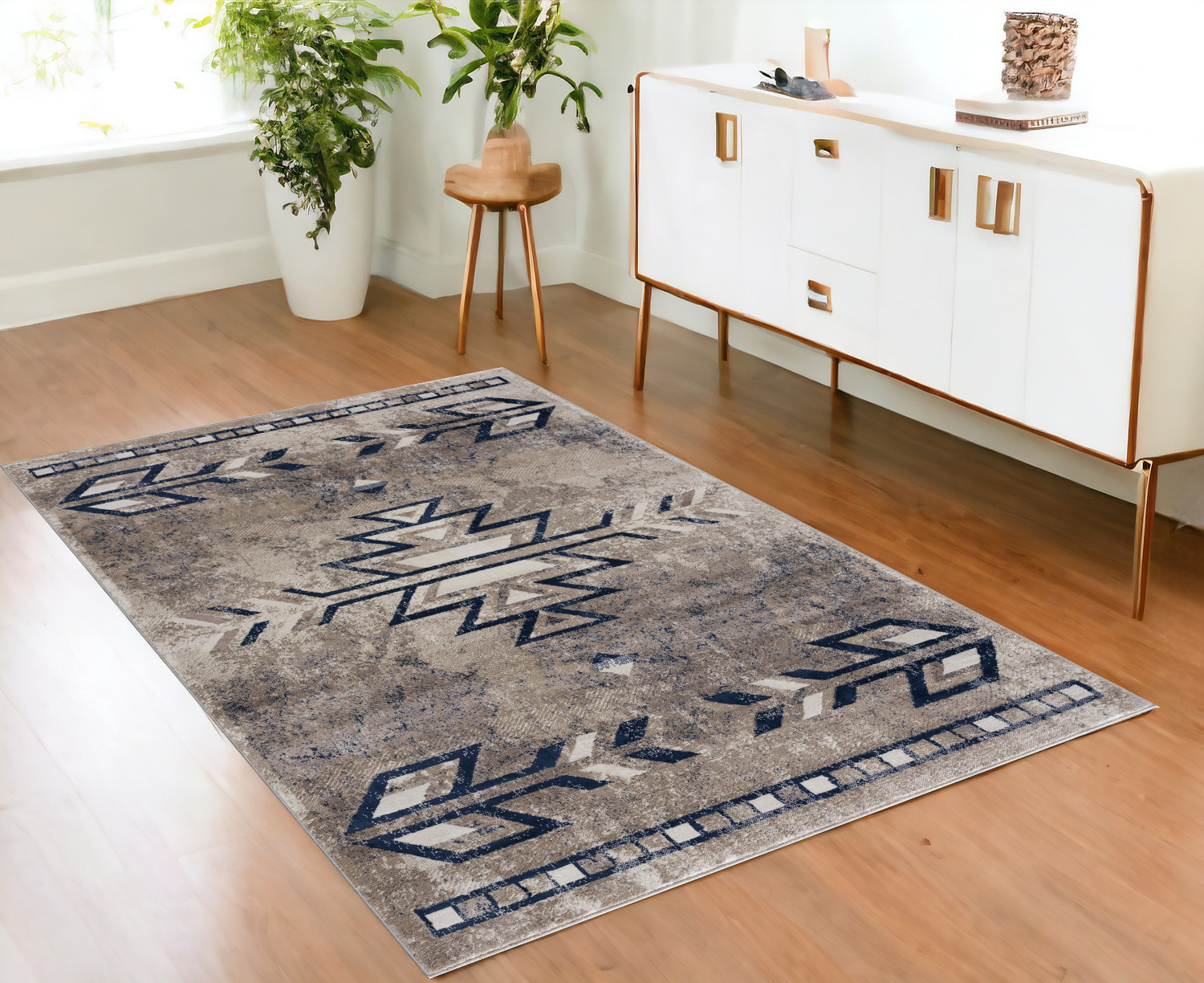 4’ X 6’ Beige And Blue Boho Chic Area Rug-390163-1