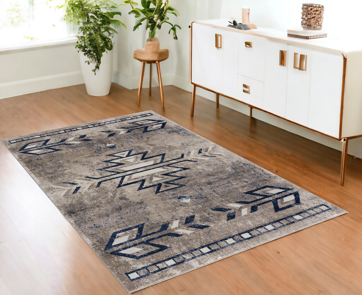 4" X 6" Beige And Blue Boho Chic Area Rug