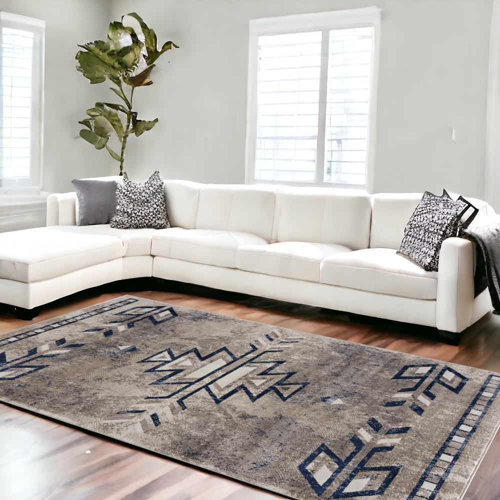 8’ X 11’ Beige And Blue Boho Chic Area Rug-390166-1