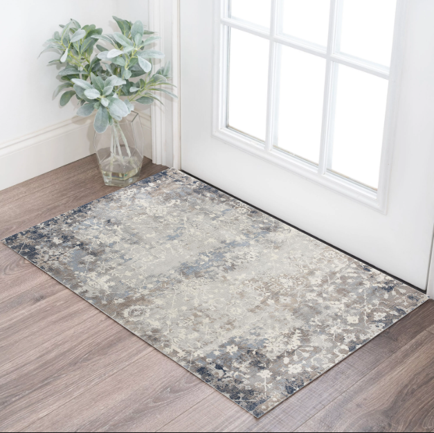 2" X 3" Navy And Beige Distressed Vines Scatter Rug