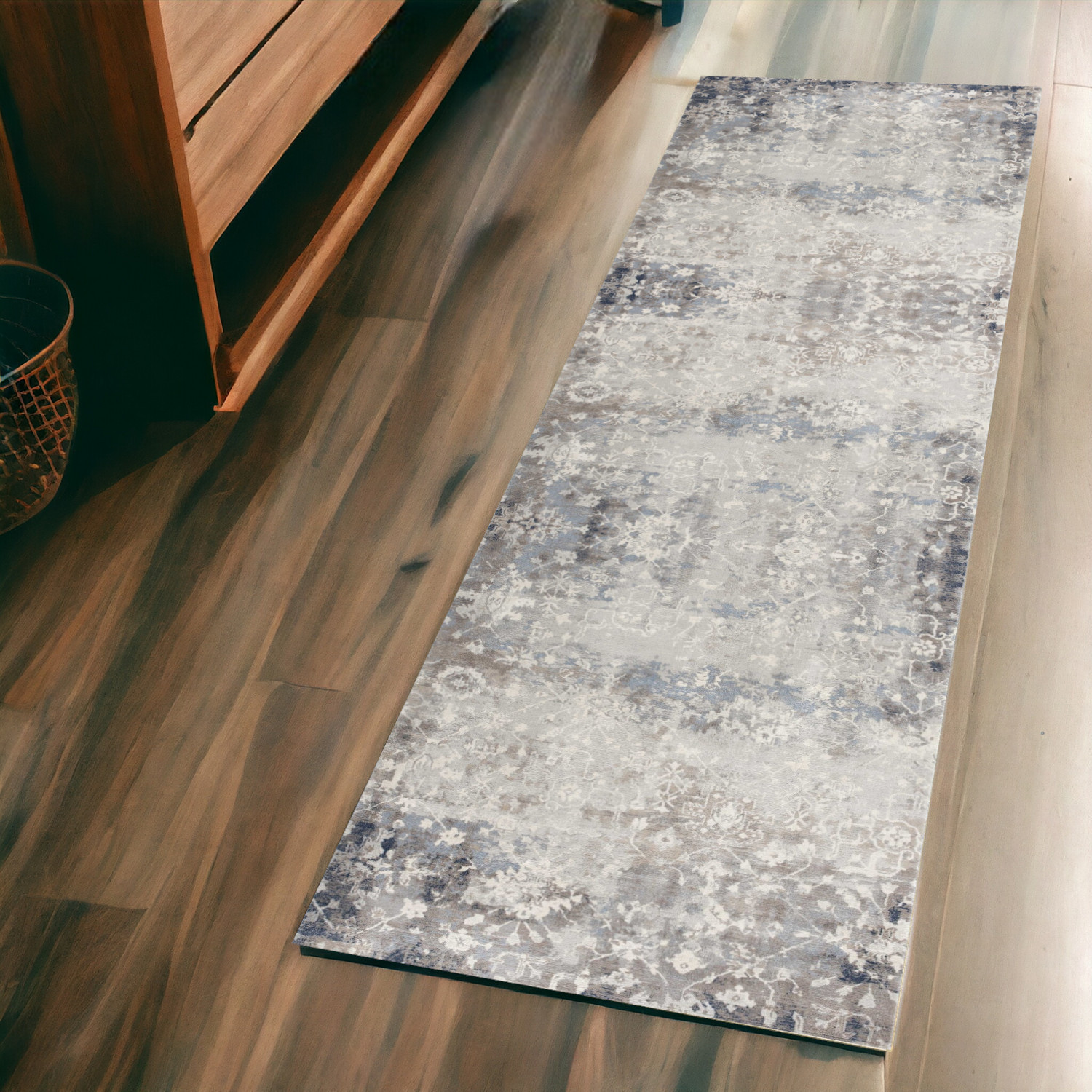 2" X 6" Navy And Beige Distressed Vines Area Rug