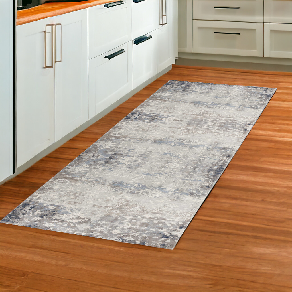 2" X 8" Navy And Beige Distressed Vines Runner Rug