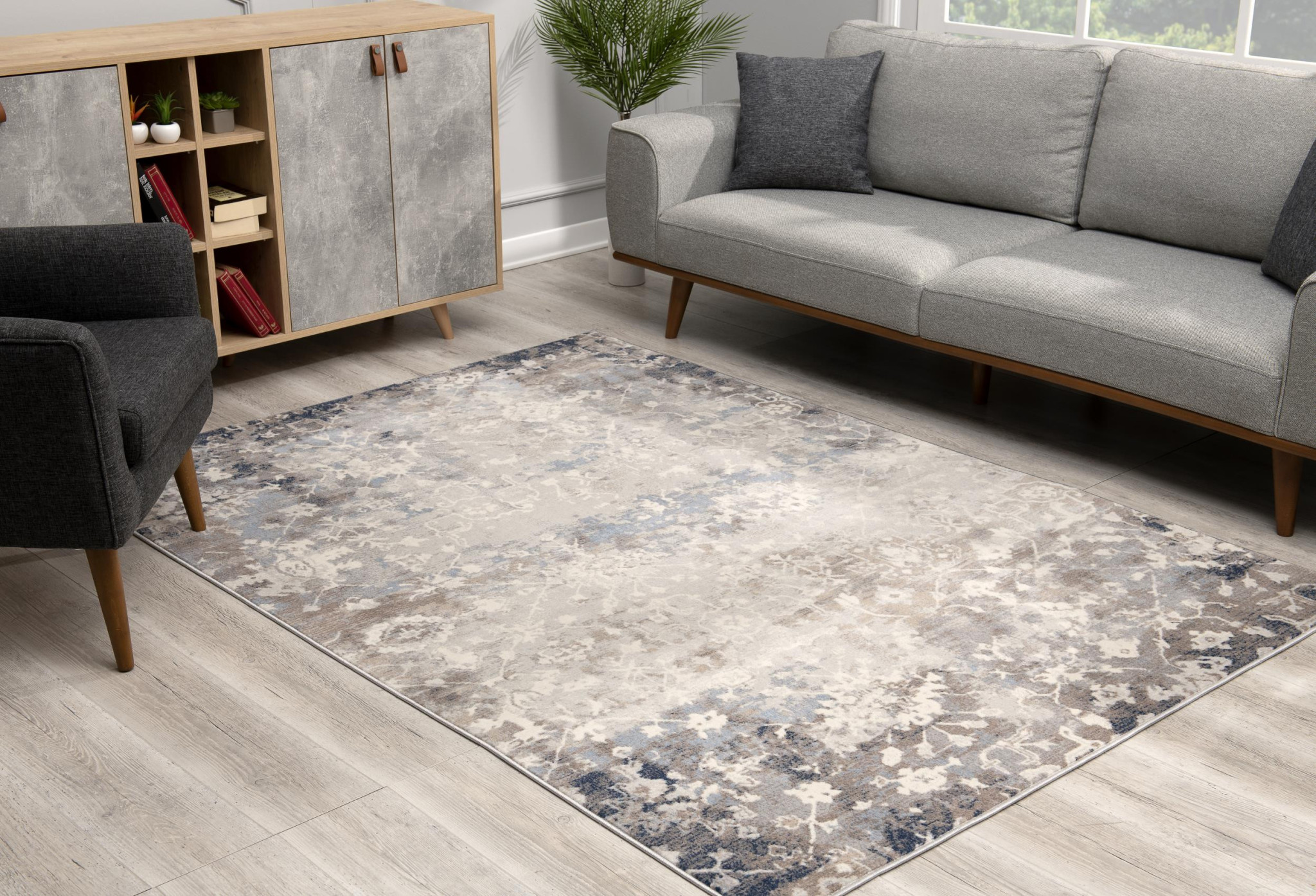 4" X 6" Navy And Beige Distressed Vines Area Rug
