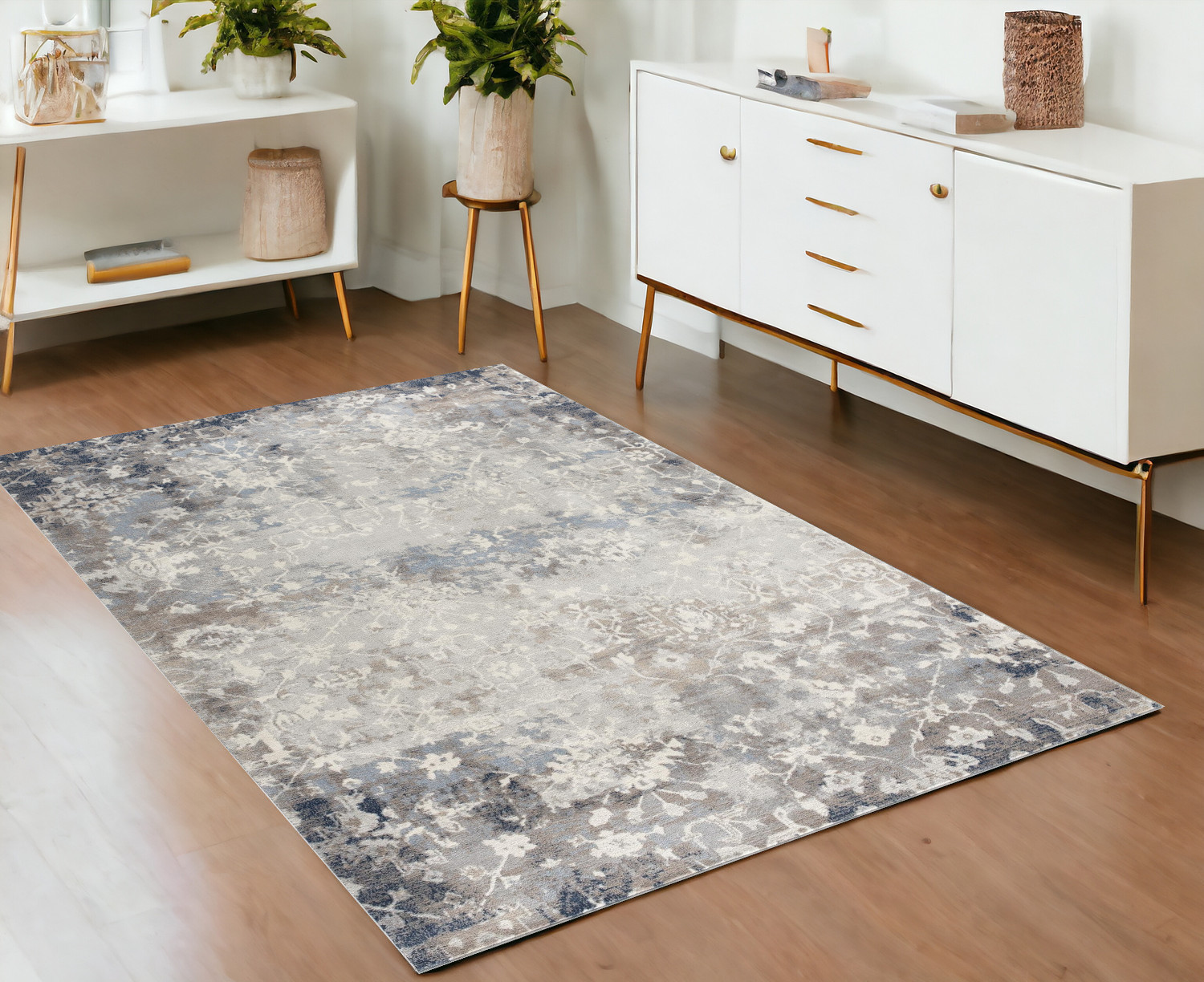 4" X 6" Navy And Beige Distressed Vines Area Rug