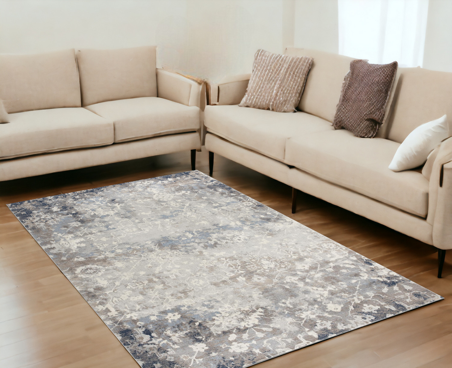 5" X 8" Navy And Beige Distressed Vines Area Rug