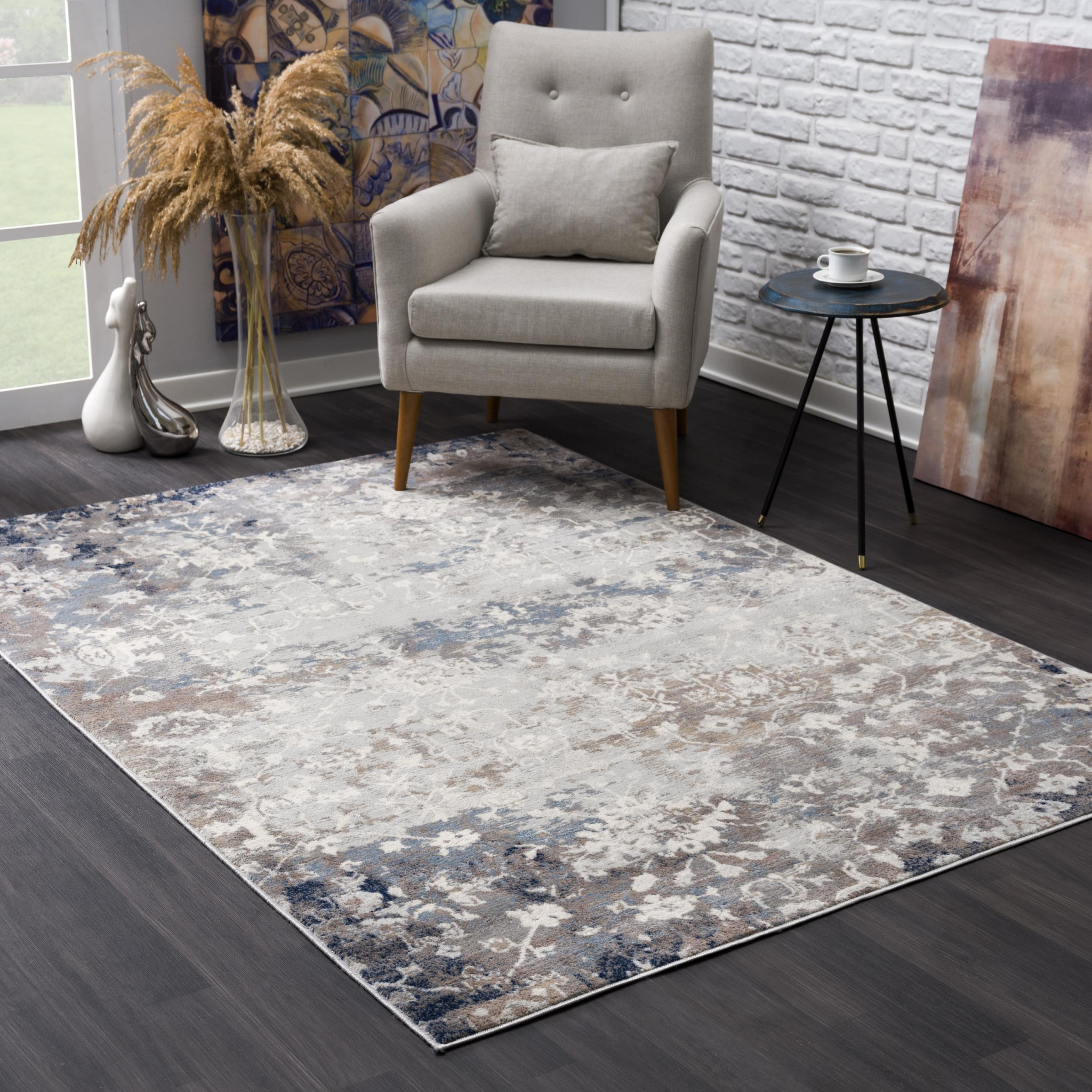 8" X 11" Navy And Beige Distressed Vines Area Rug