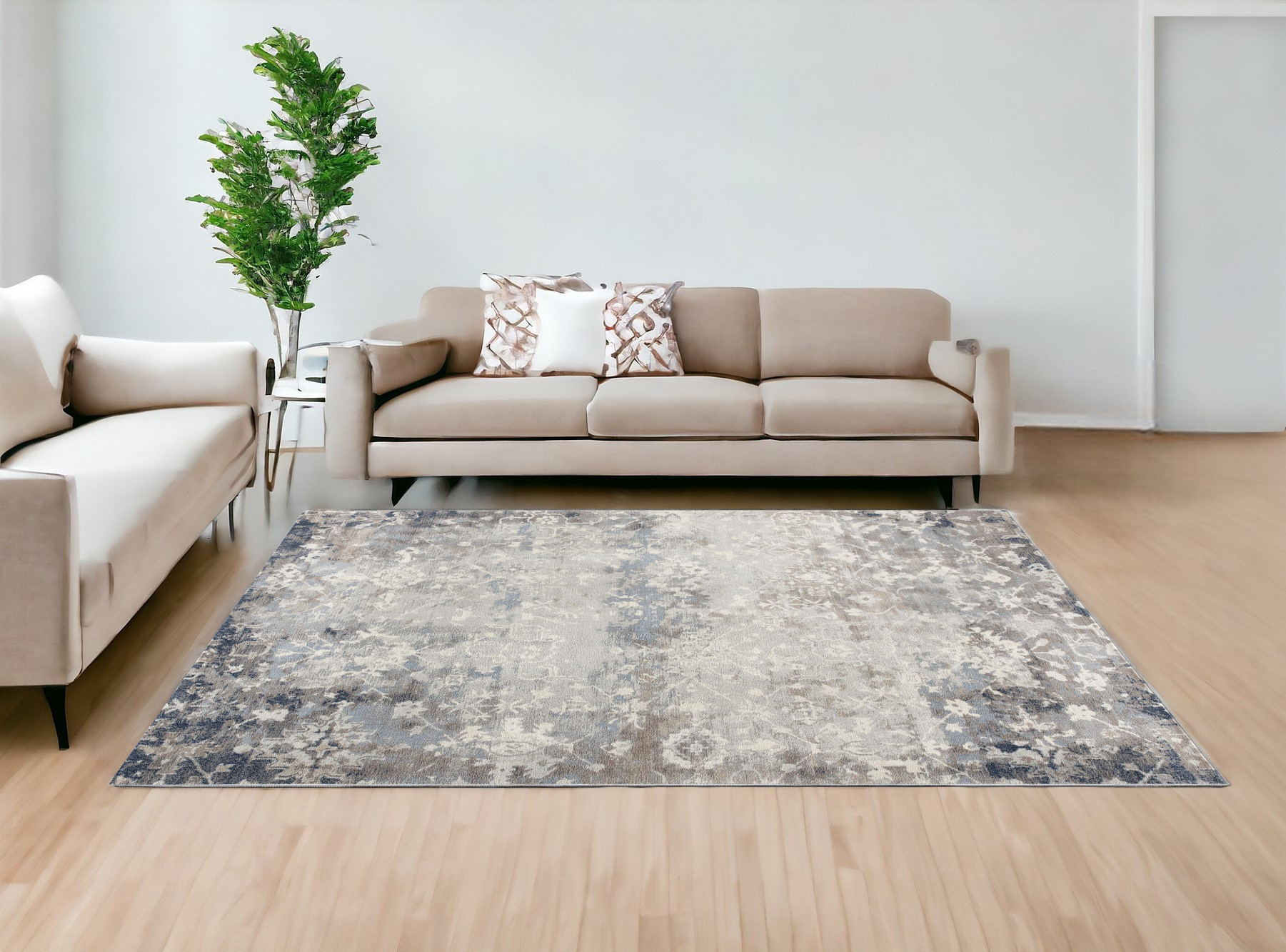 8" X 11" Navy And Beige Distressed Vines Area Rug