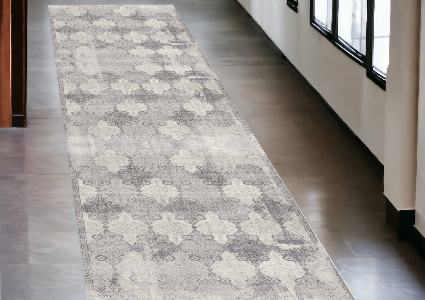 2’ X 10’ Gray Distressed Trellis Pattern Runner Rug-390197-1