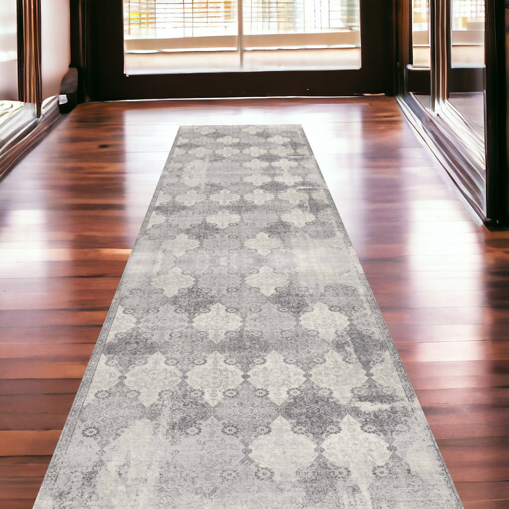 2" X 13" Gray Distressed Trellis Pattern Runner Rug