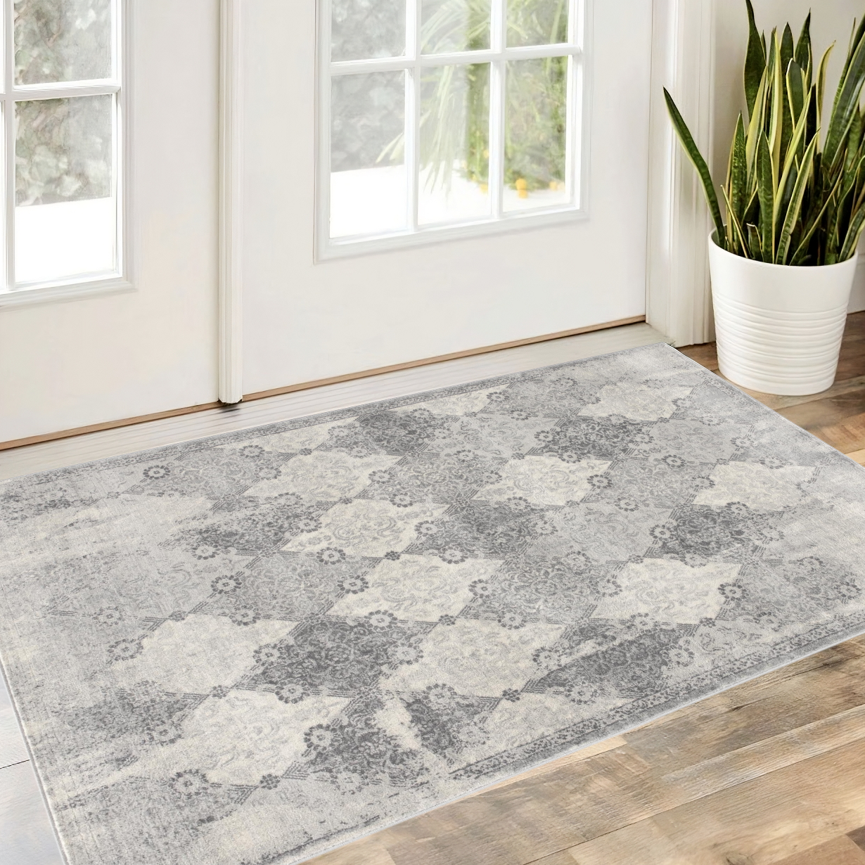 2" X 3" Gray Distressed Trellis Pattern Scatter Rug