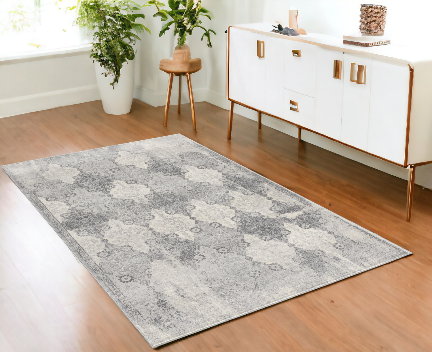 2" X 5" Grey Damask Area Rug