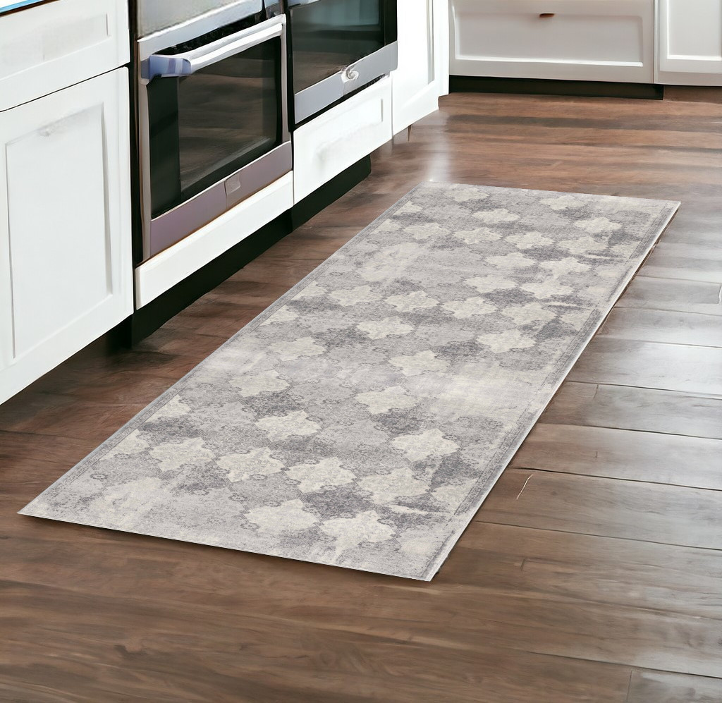 2" X 8" Gray Distressed Trellis Pattern Runner Rug