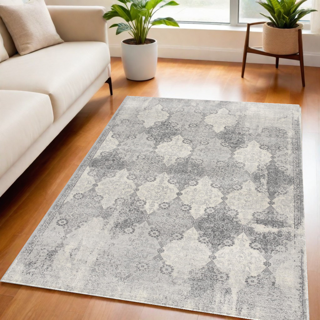 5" X 8" Gray Distressed Trellis Pattern Area Rug