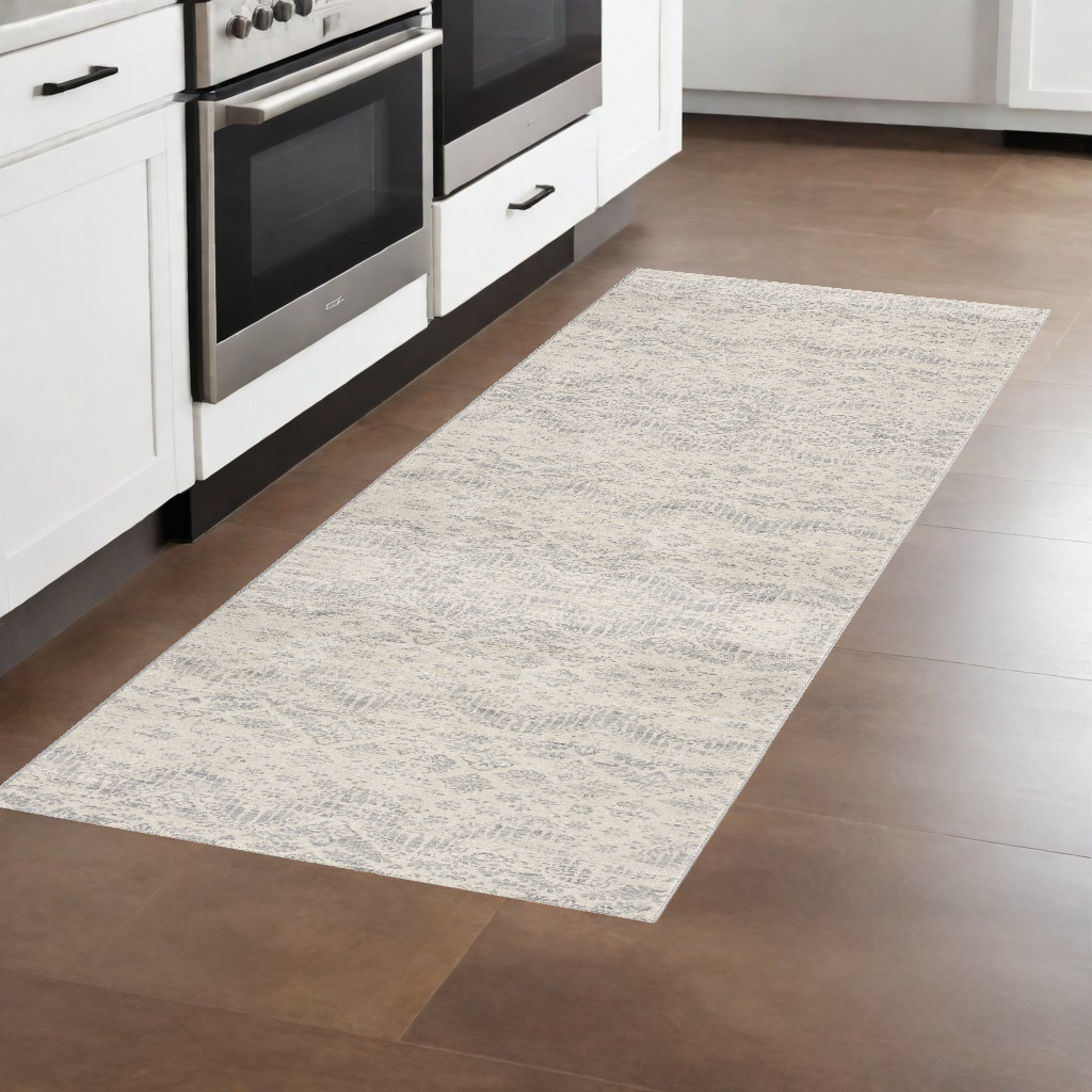 2" X 8" Ivory Distressed Ikat Pattern Runner Rug