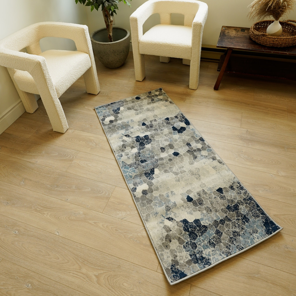 10" Blue and Ivory Geometric Cobblestone Runner Rug