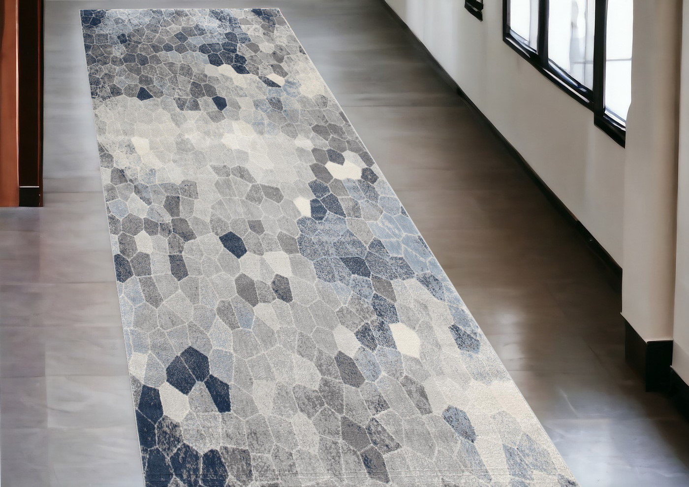10" Blue and Ivory Geometric Cobblestone Runner Rug