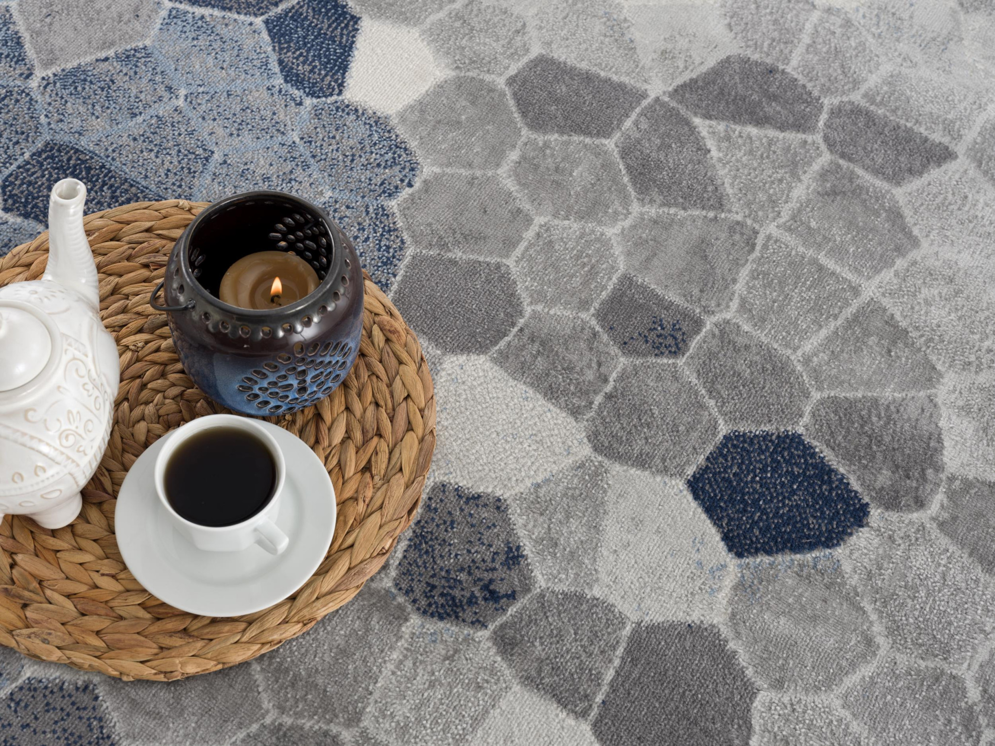 10" Blue and Ivory Geometric Cobblestone Runner Rug
