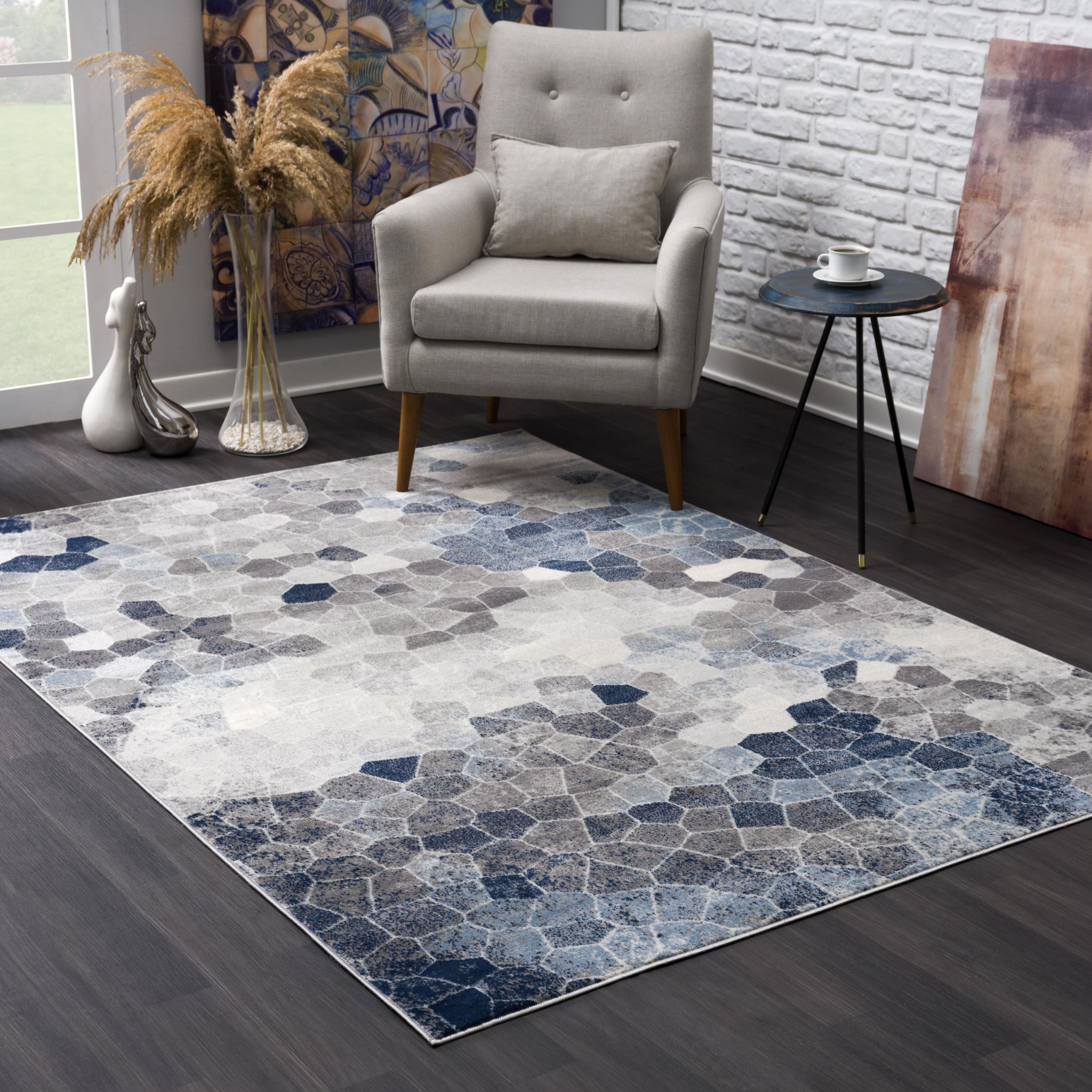 7" X 10" Navy Blue Cobblestone Pattern Area Rug