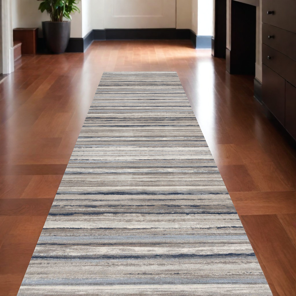 10' Blue and Beige Striped Distressed Runner Rug-390270-1