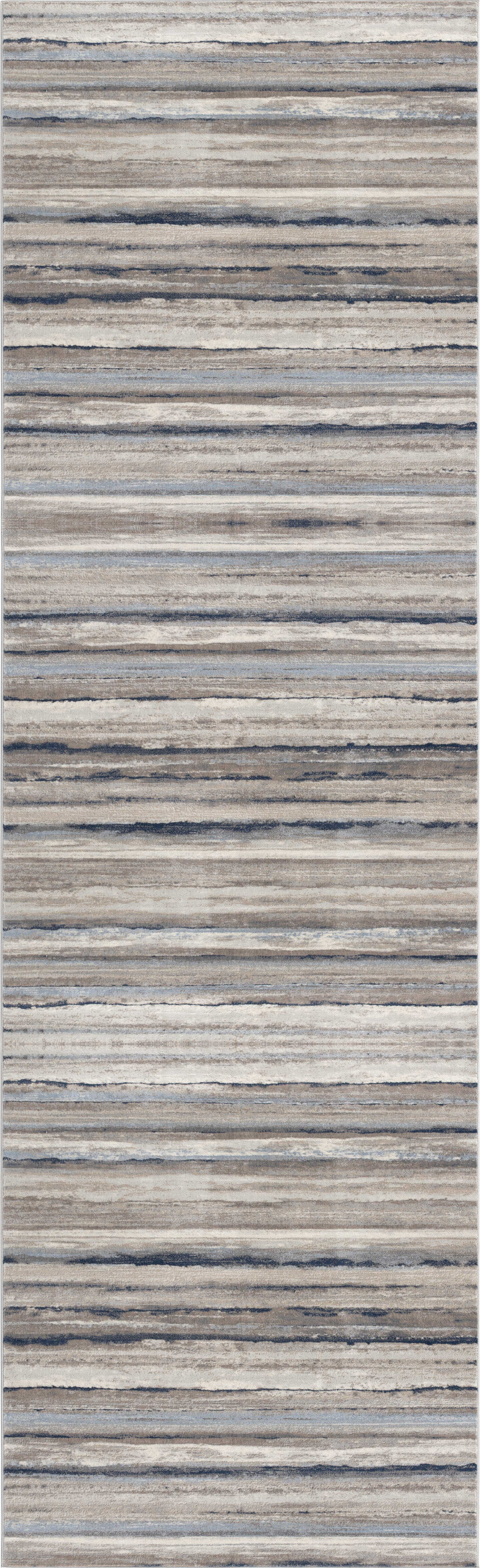 2" X 13" Blue And Beige Distressed Stripes Runner Rug