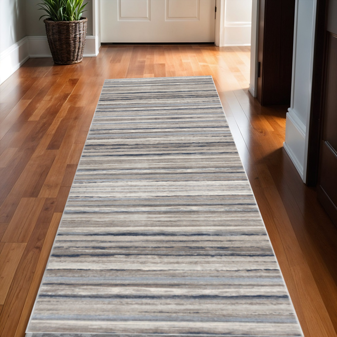 2' X 13' Blue And Beige Distressed Stripes Runner Rug-390272-1