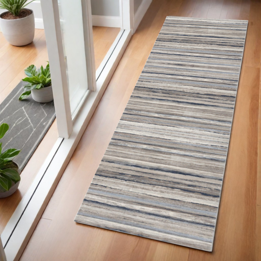 2' X 6' Blue And Beige Distressed Stripes Area Rug-390279-1