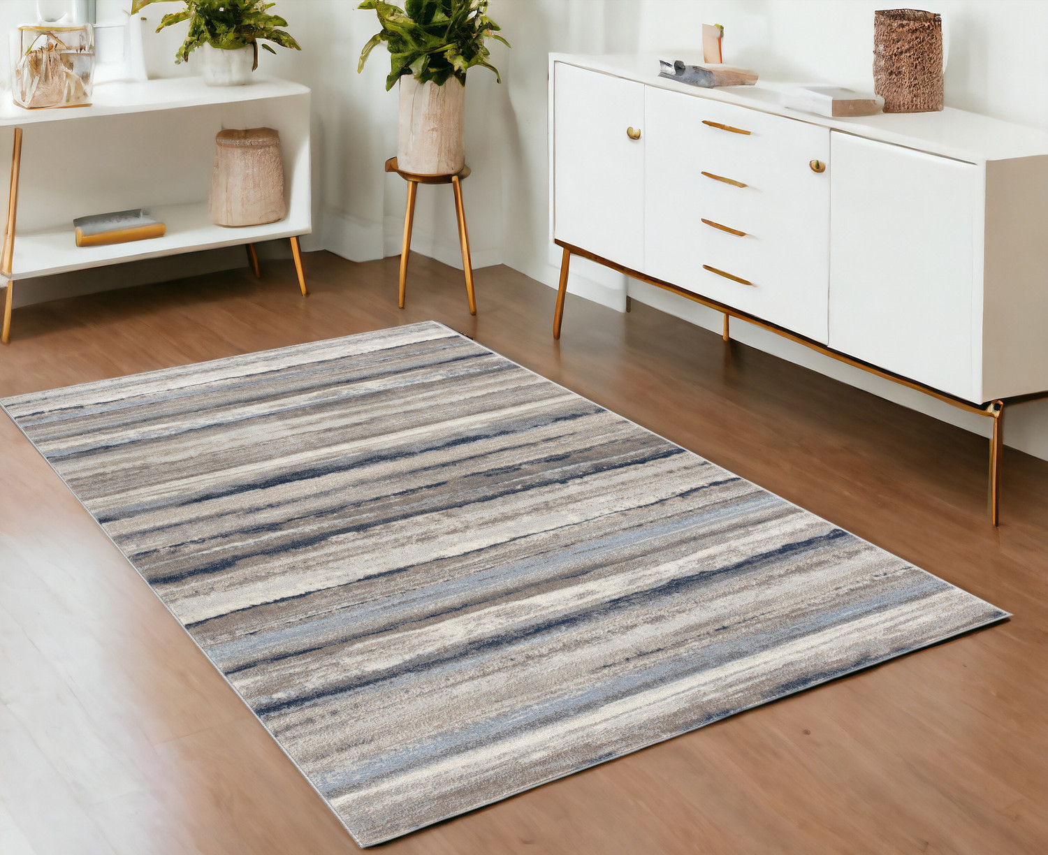 4’ X 6’ Blue And Beige Distressed Stripes Area Rug-390281-1