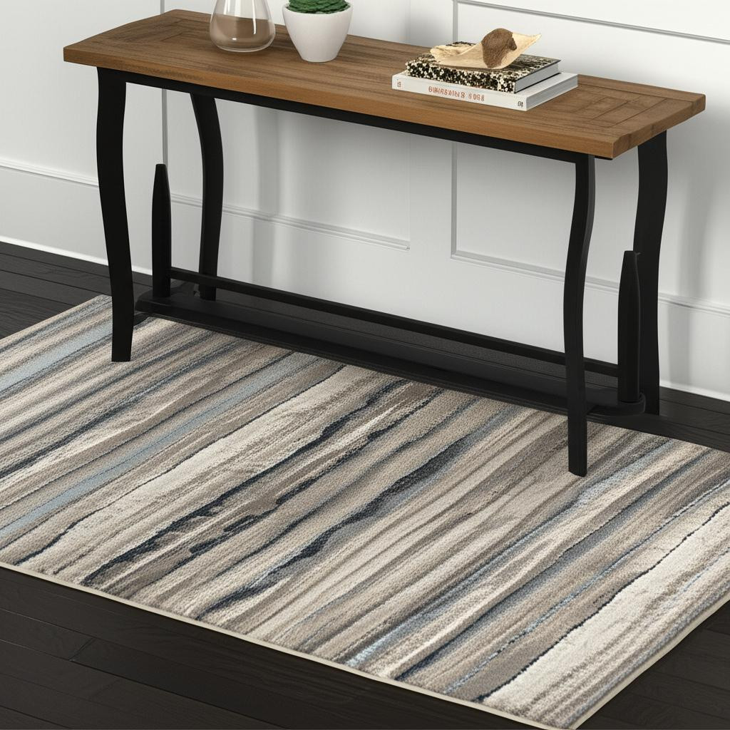 4' X 6' Blue And Beige Distressed Stripes Area Rug-390281-1