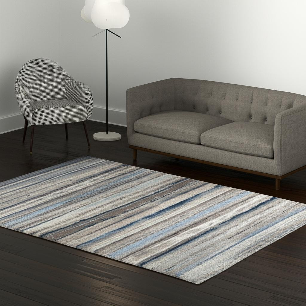 5' X 8' Blue And Beige Distressed Stripes Area Rug-390282-1