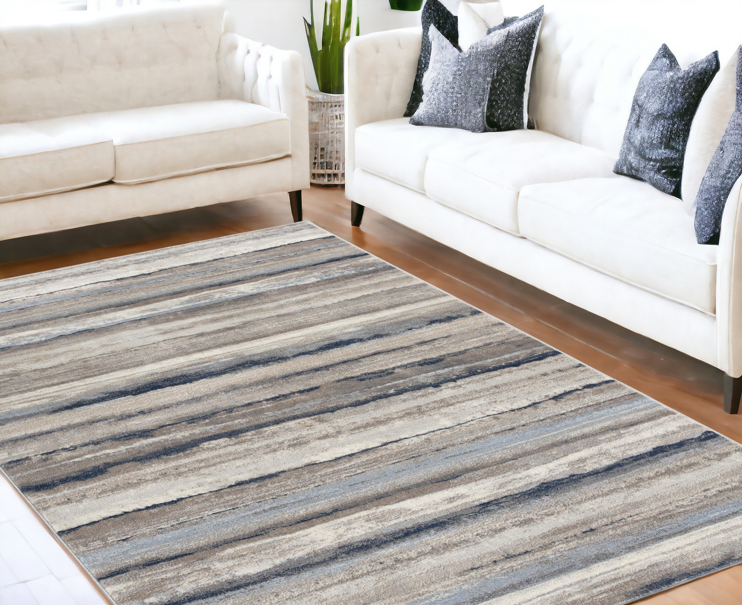 5’ X 8’ Blue And Beige Distressed Stripes Area Rug-390282-1