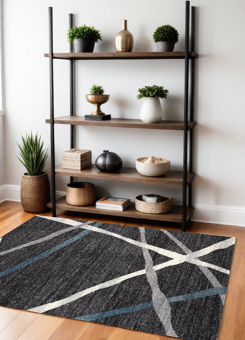 4" X 6" Distressed Black And Gray Abstract Area Rug