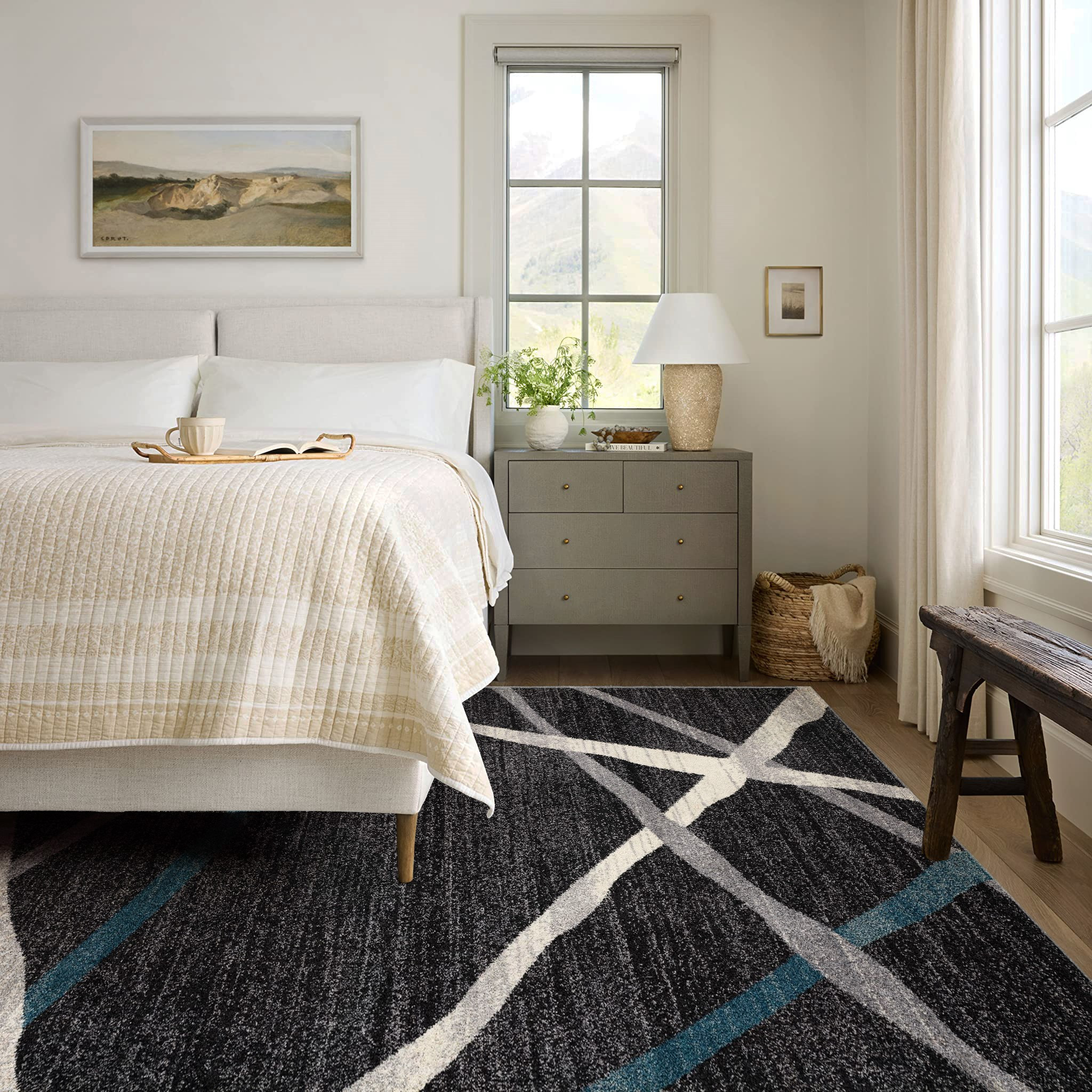 5" X 8" Distressed Black And Gray Abstract Area Rug
