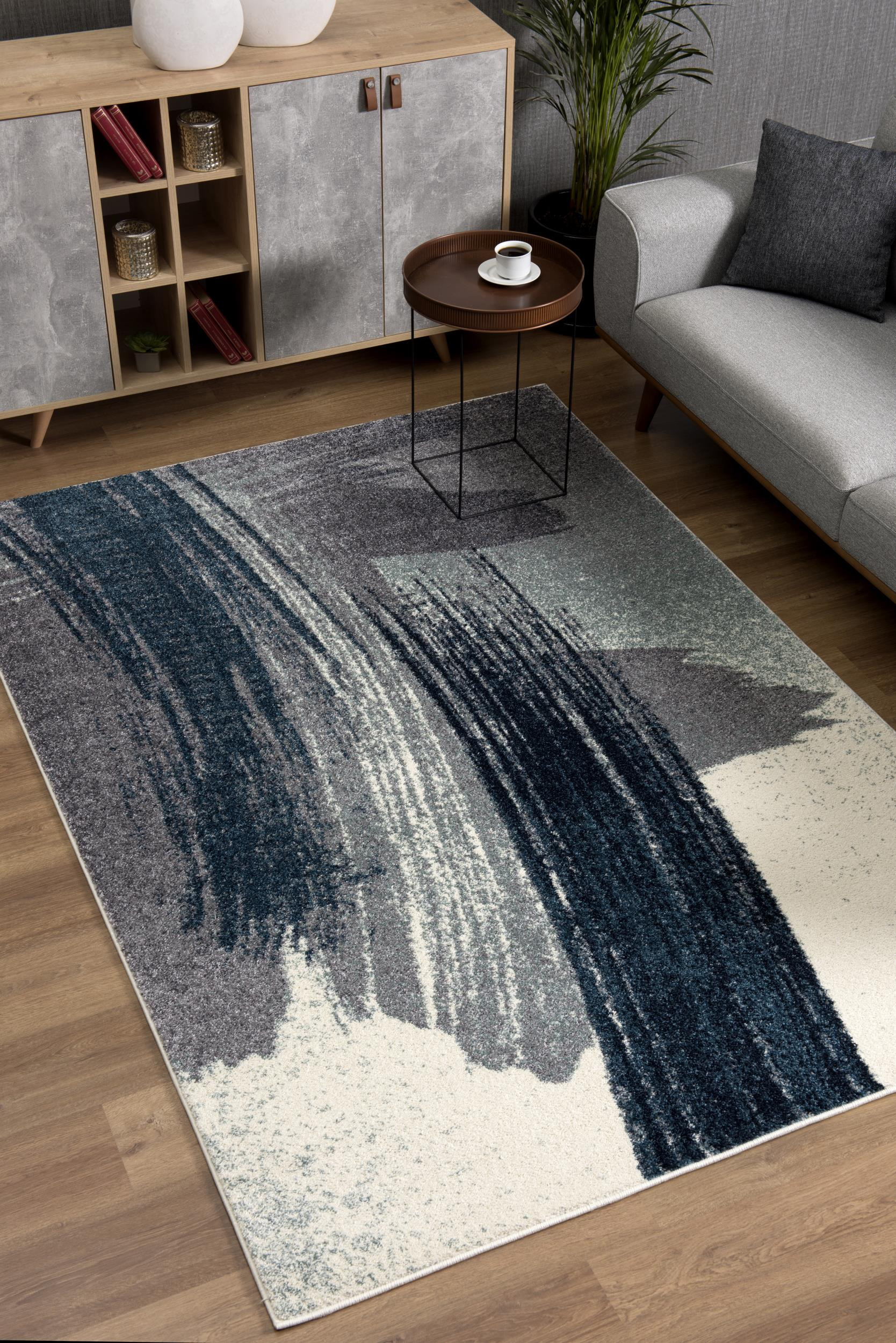 4" X 6" White And Blue Abstract Strokes Area Rug
