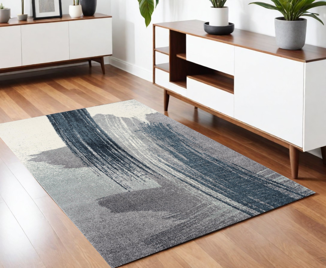 4" X 6" White And Blue Abstract Strokes Area Rug