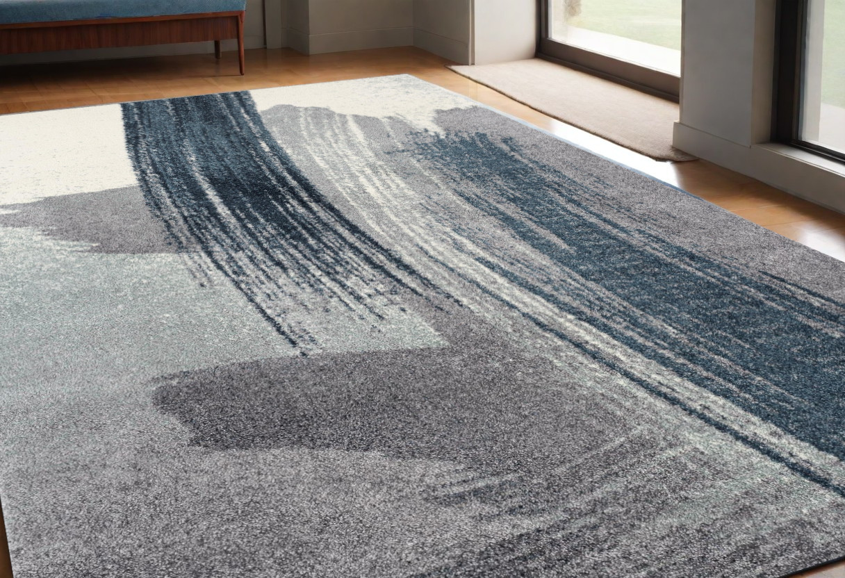 5" X 8" White And Blue Abstract Strokes Area Rug
