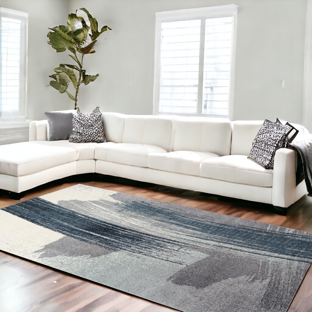 7" X 9" White And Blue Abstract Strokes Area Rug