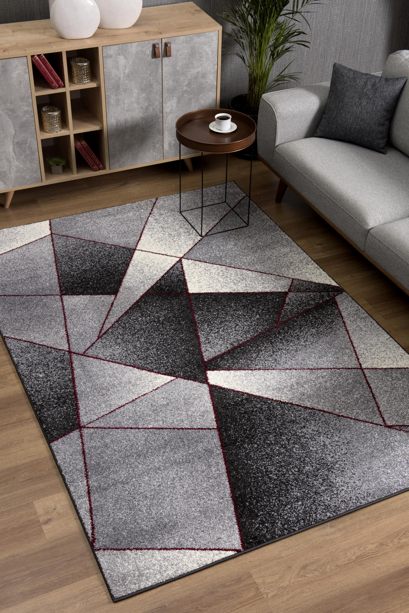 4" X 6" Grey Red Geometric Area Rug