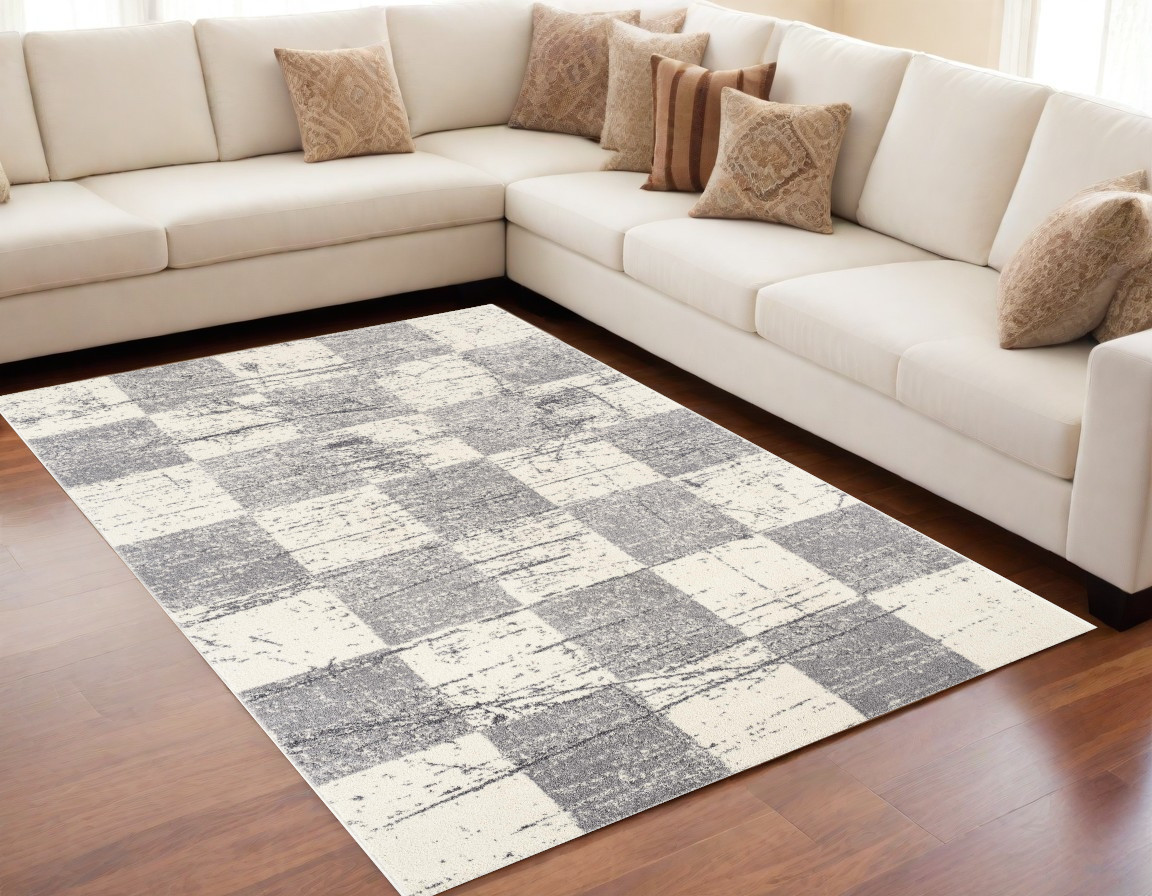 5’ X 8’ White And Gray Checkered Area Rug-390345-1