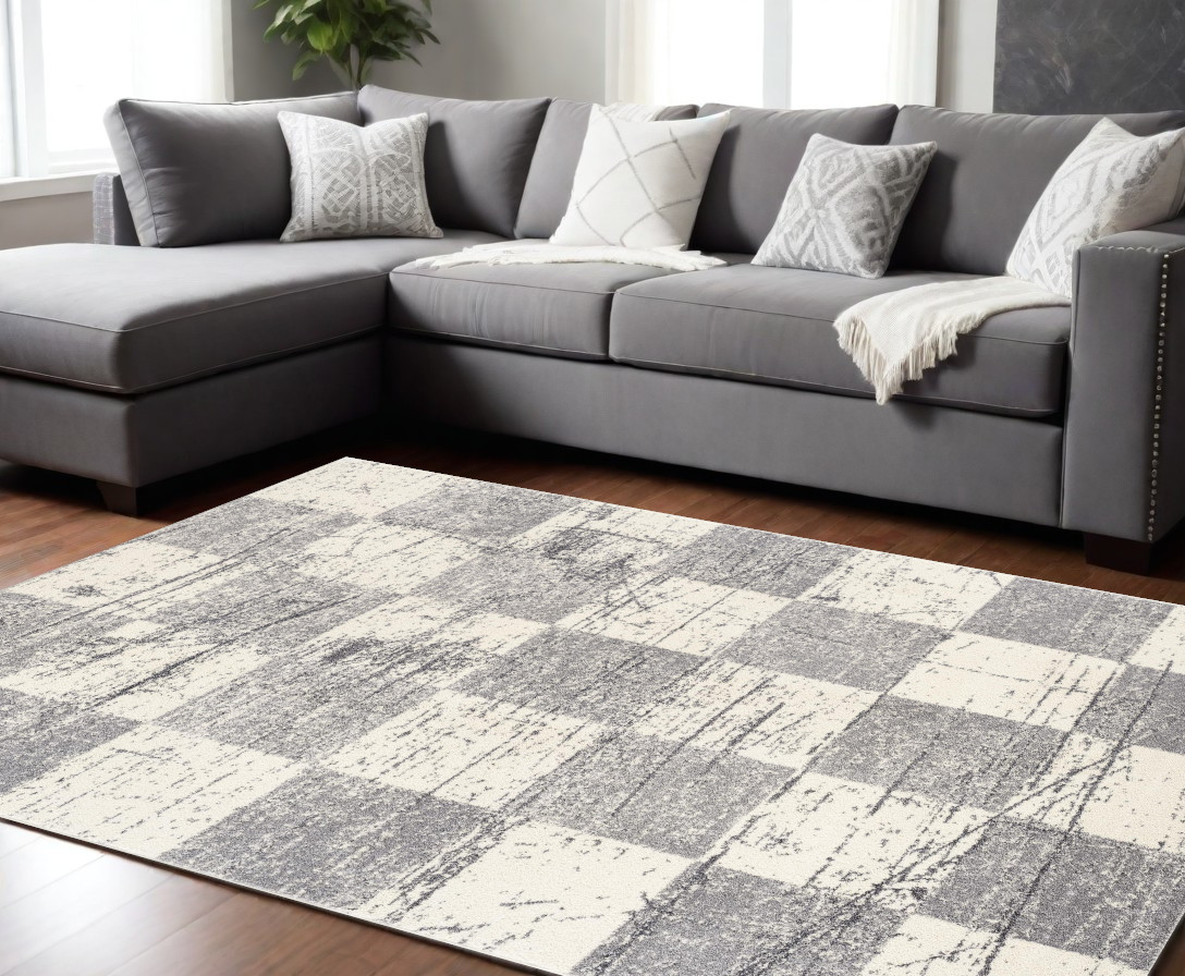 8’ X 11’ White And Gray Checkered Area Rug-390347-1