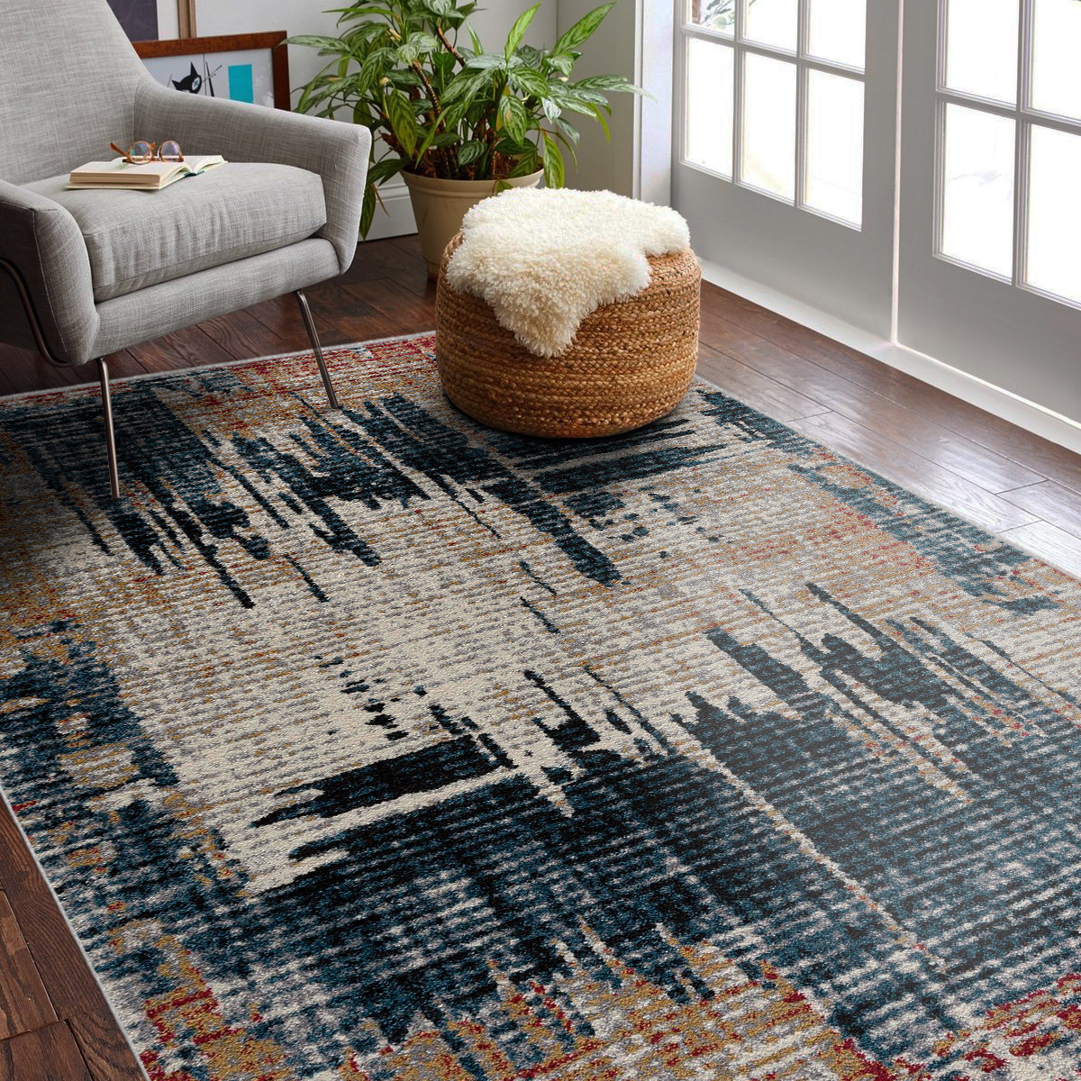 5" X 7" Blue And Ivory Abstract Area Rug