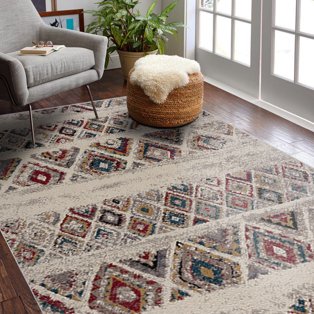 8 X 11 Cream Abstract Geo Diamonds Area Rug
